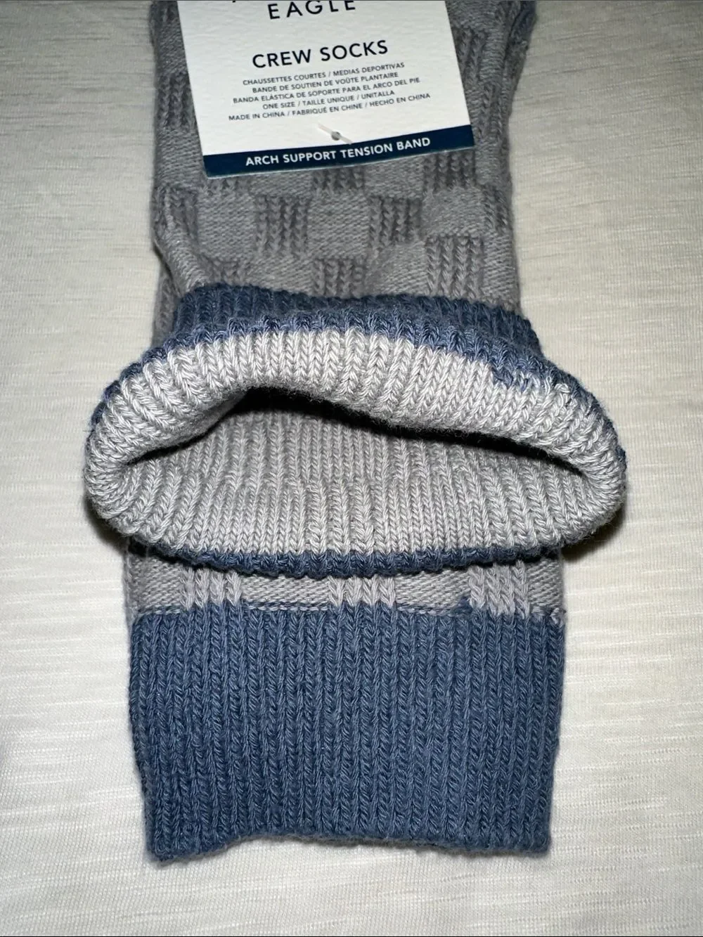 AE Men’s Blue Gray Check Knit Crew Cotton Blend Socks